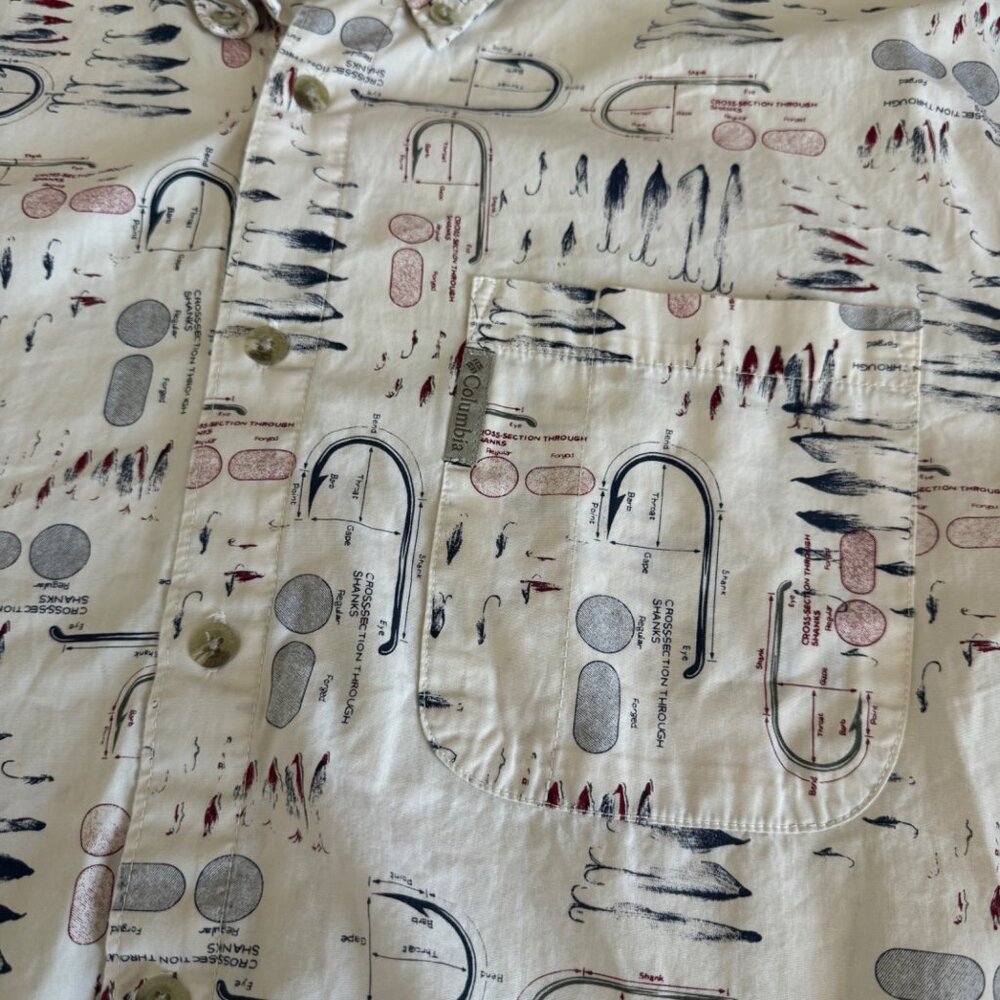 Columbia 100% Cotton Men's Button-Up SS Shirt Fly Fish Tackle Print, Size L - Picture 4 of 7